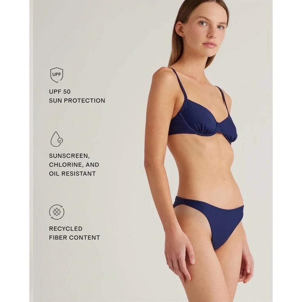 Quince Bikini Top Womens Size L Navy Blue Underwire Balconette Tie Back bikini